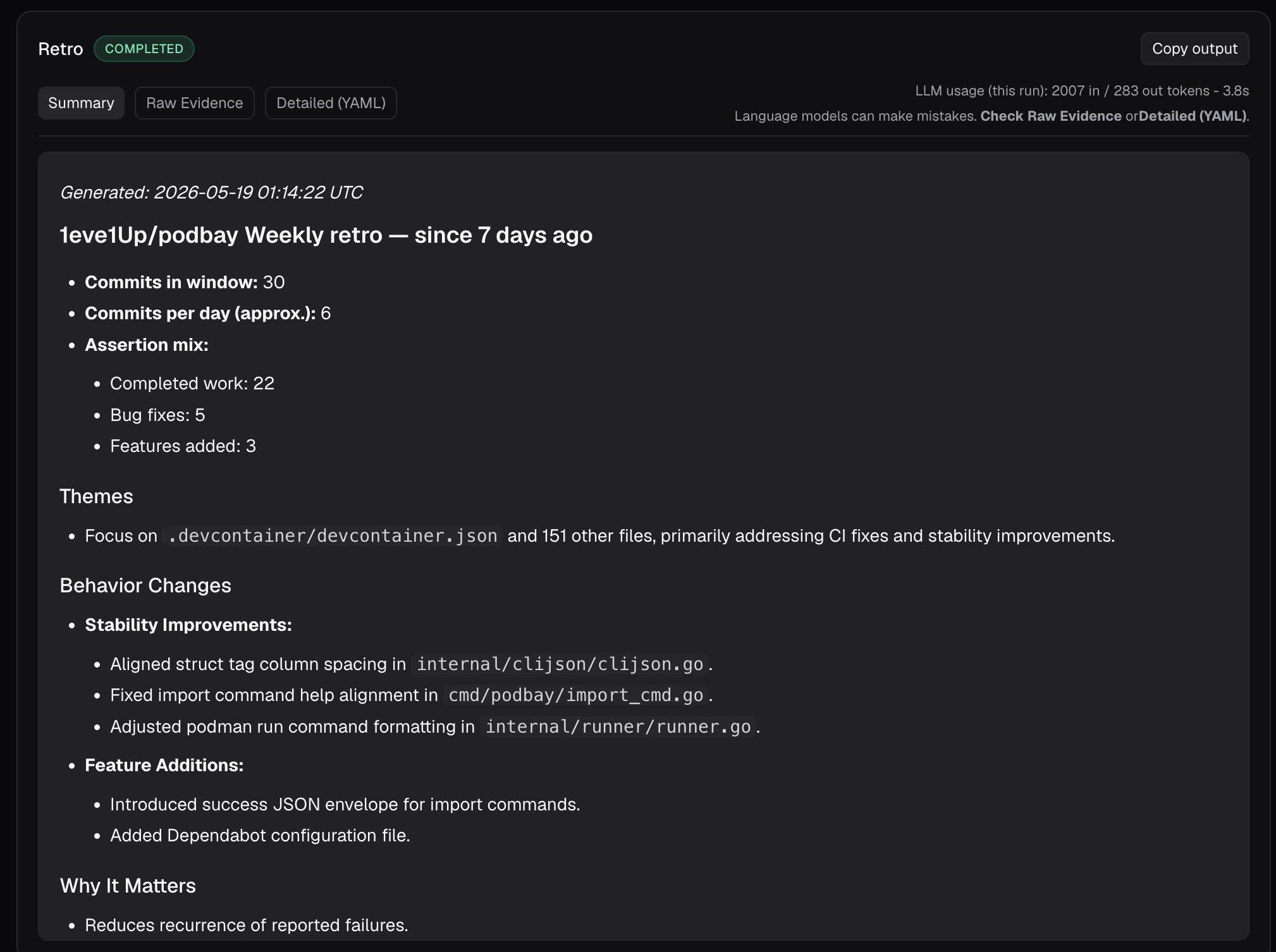 Weekly retro with commit stats, themes, and behavior changes