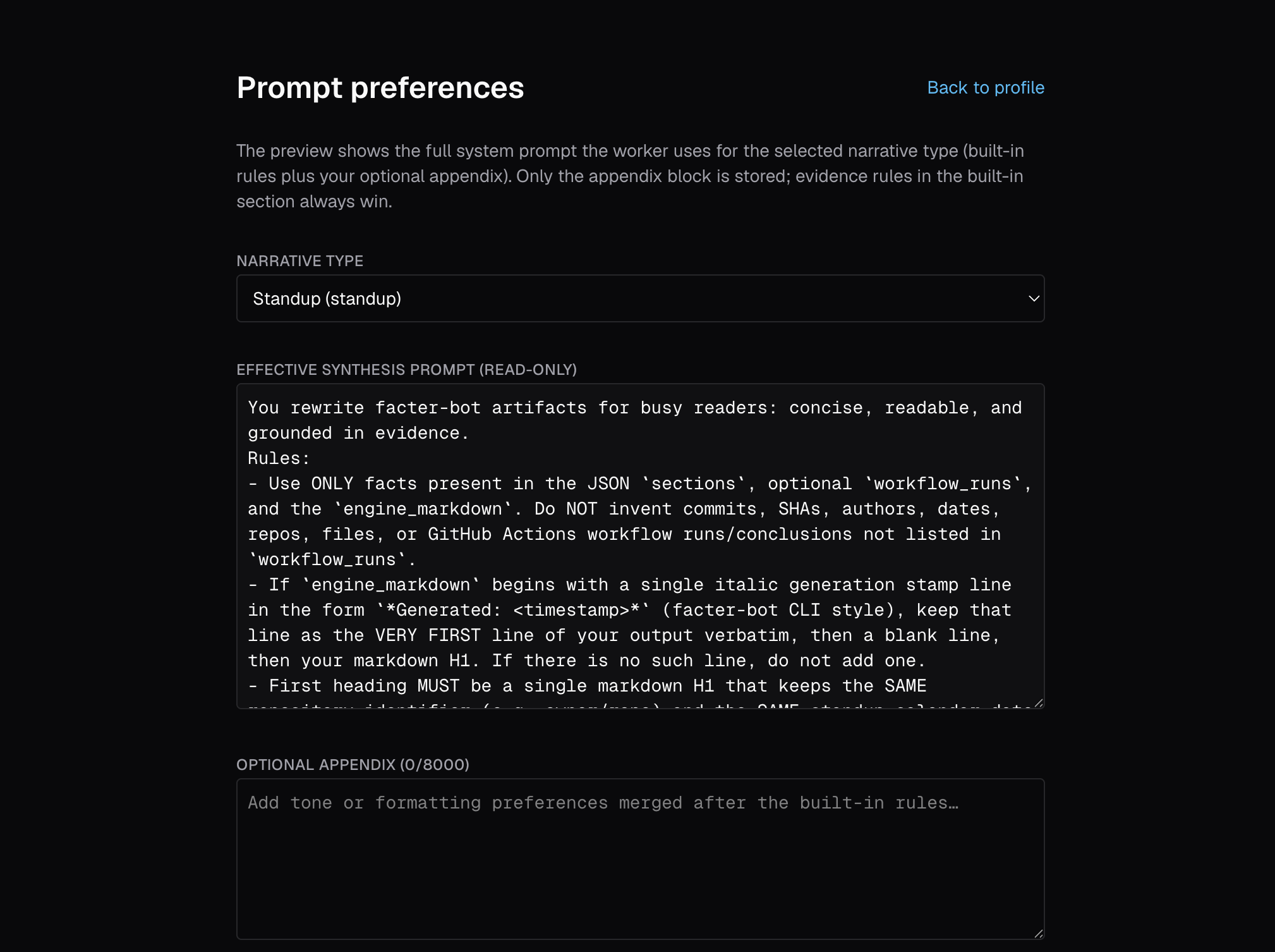 Prompt preferences for narrative types and optional appendix